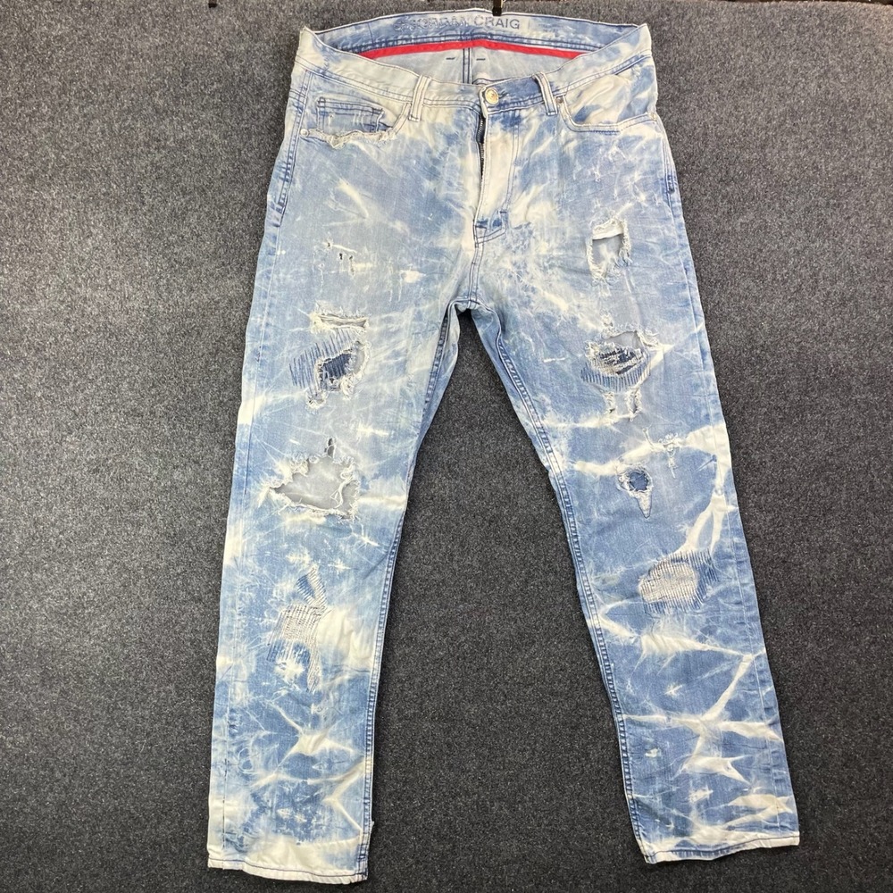 Jordan Craig Acid Wash Distressed Straight Fit Jeans Mens 36x32 Blue White